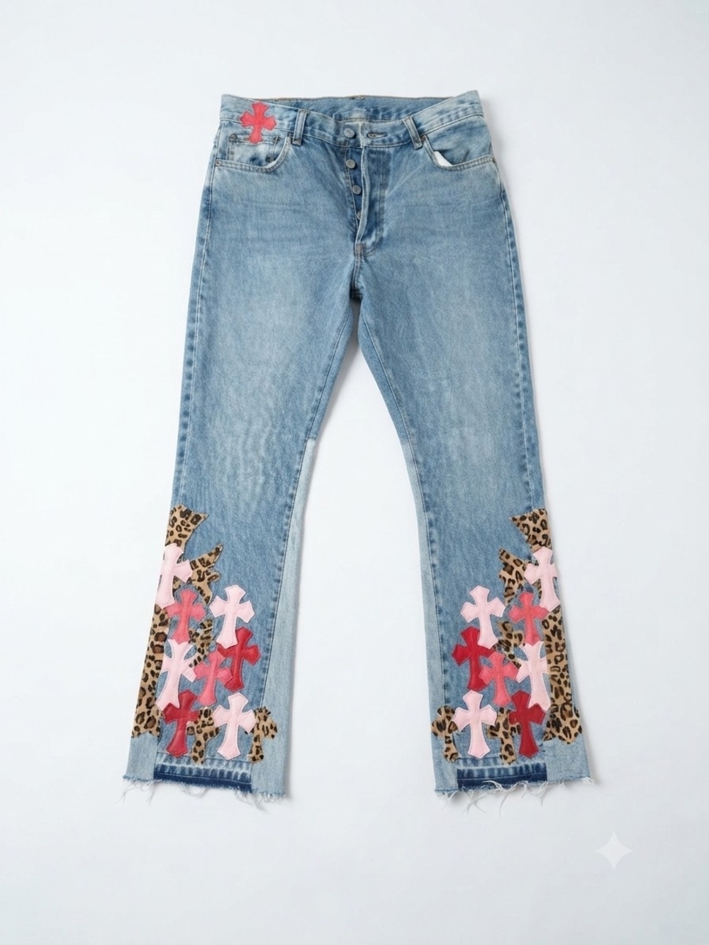 Chrome Hearts Inspired Cross Patch Flared Pink Red Leopard Y2K Denim Jeans 34